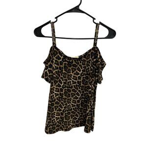 MICHAEL Michael Kors Leopard Print Cold Shoulder Top Brown Sz Medium Embellished
